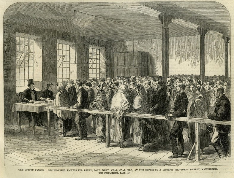 Unemployed in Manchester 1862 collecting tickets for bread etc